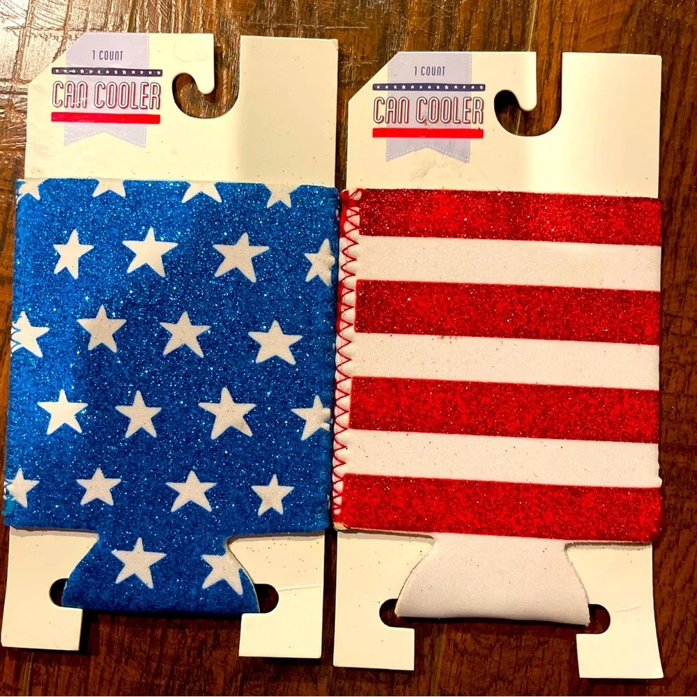 2~American Flag Patriotic Glitter Short Can Cooler